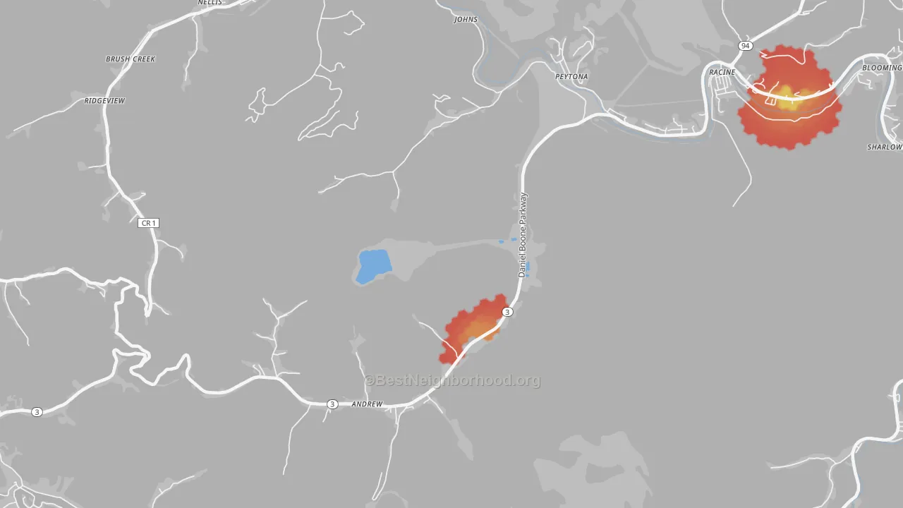 Walk Grade map of Peytona, WV, walkable areas in green and car-dependent areas in red