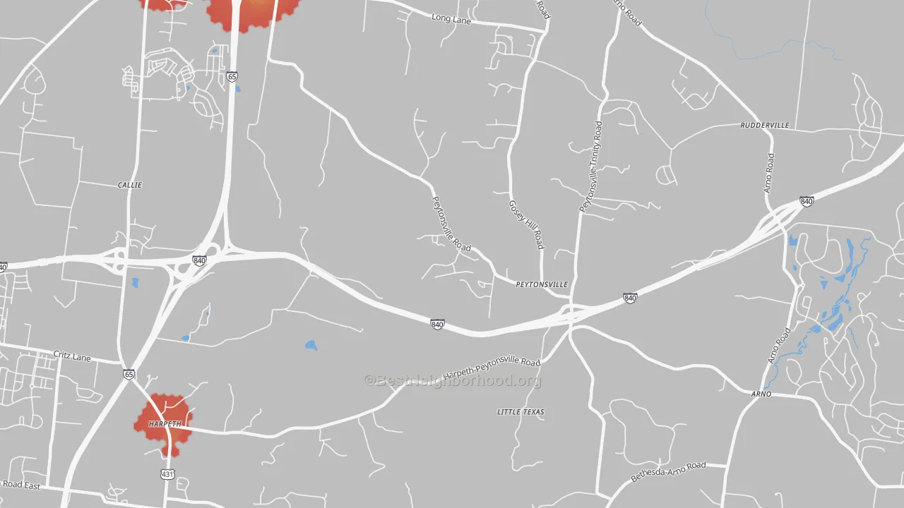 Walk Grade map of Peytonsville, TN, walkable areas in green and car-dependent areas in red