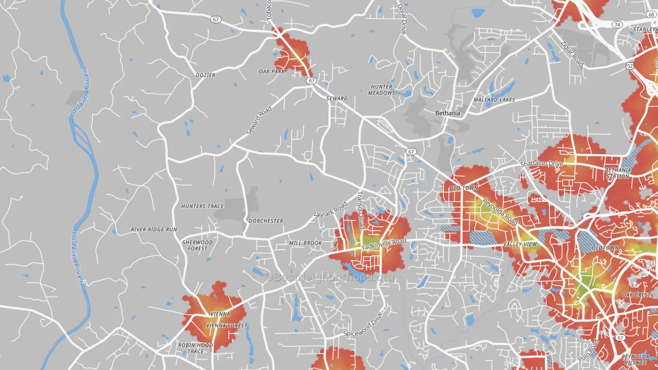 Walk Grade map of Pfafftown, NC, walkable areas in green and car-dependent areas in red