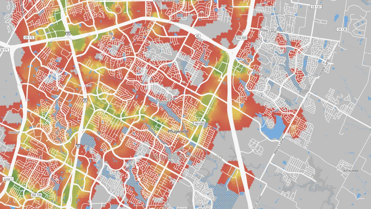Walk Grade map of Pflugerville, TX, walkable areas in green and car-dependent areas in red