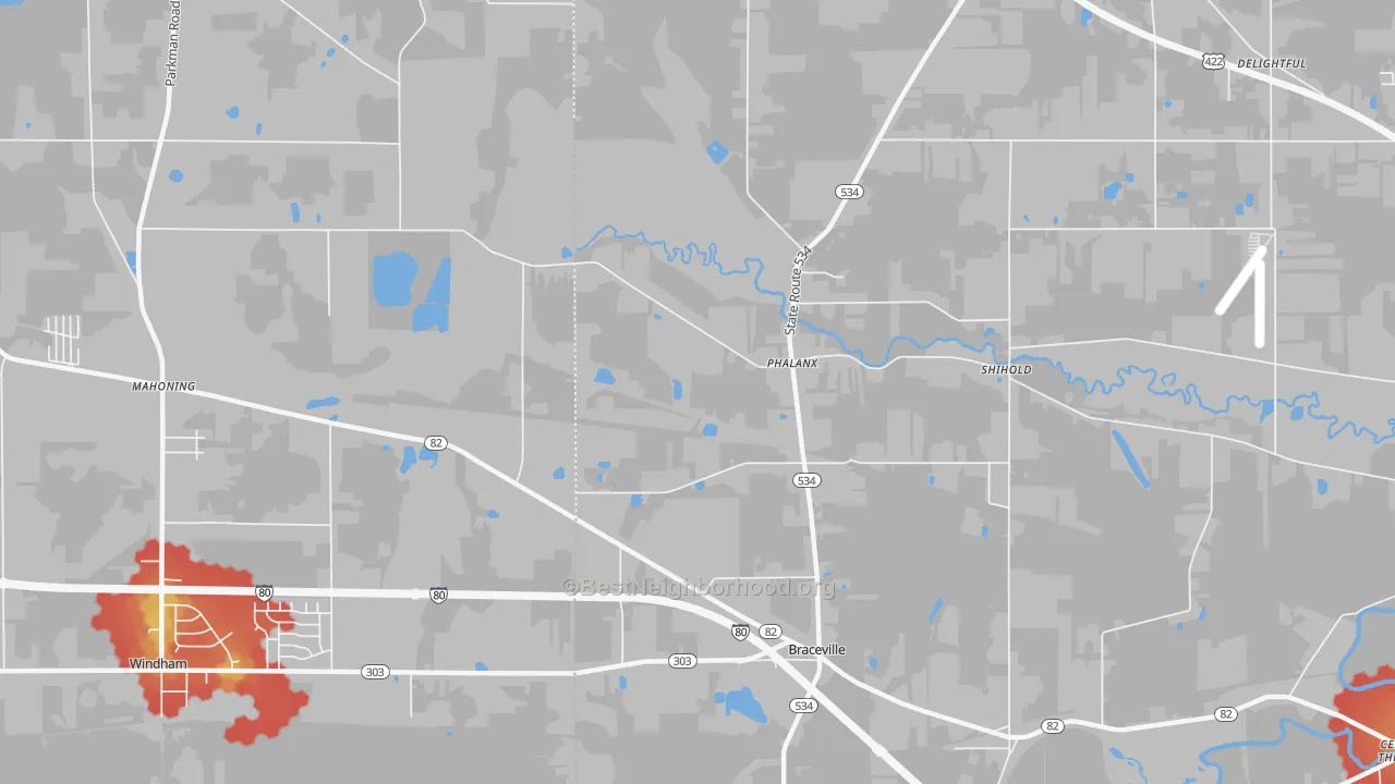 Walk Grade map of Phalanx, OH, walkable areas in green and car-dependent areas in red
