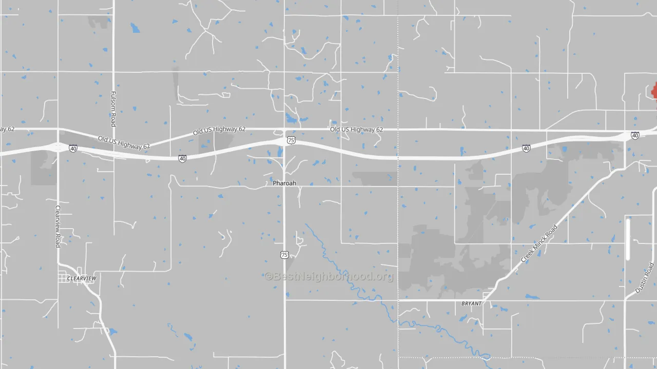 Walk Grade map of Pharoah, OK, walkable areas in green and car-dependent areas in red