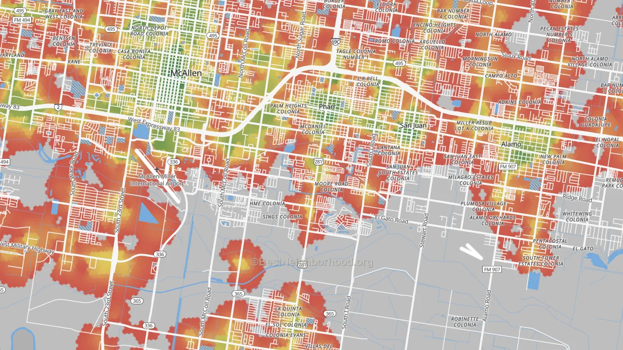 Walk Grade map of Pharr, TX, walkable areas in green and car-dependent areas in red