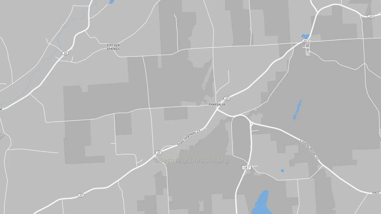 Walk Grade map of Pharsalia, NY, walkable areas in green and car-dependent areas in red