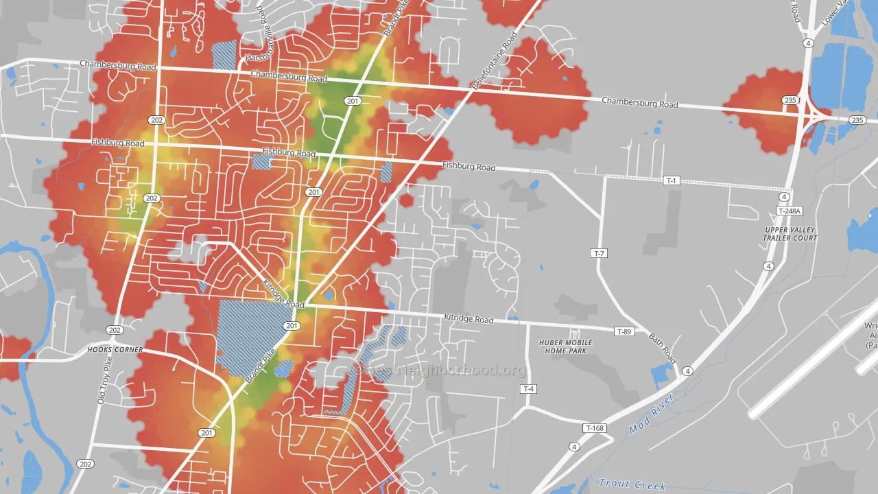 Walk Grade map of Pheasant Hill, Dayton, OH, walkable areas in green and car-dependent areas in red