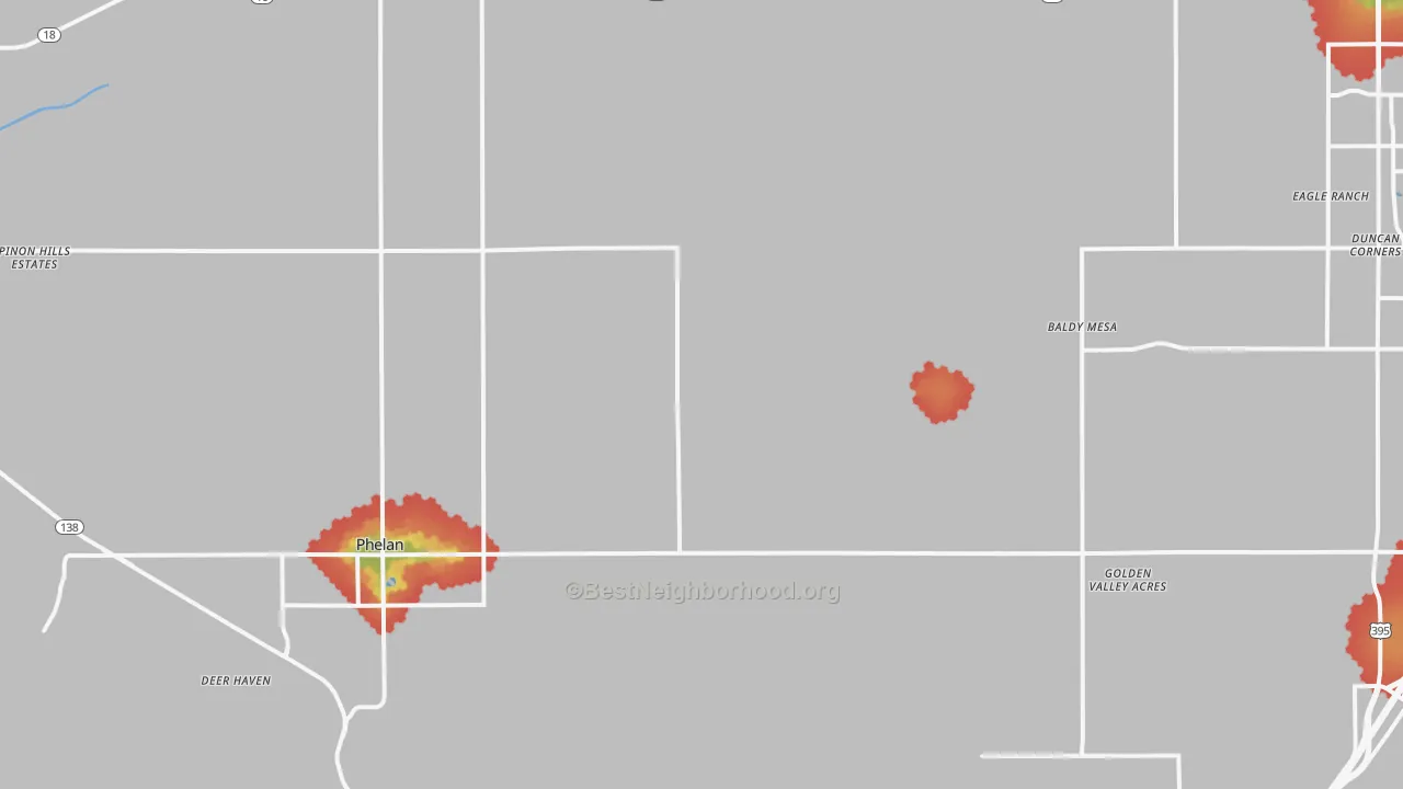 Walk Grade map of Phelan, CA, walkable areas in green and car-dependent areas in red