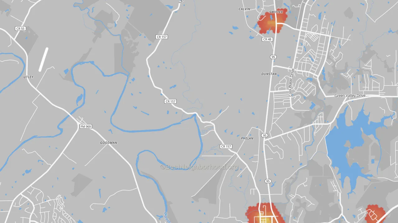 Walk Grade map of Phelan, TX, walkable areas in green and car-dependent areas in red