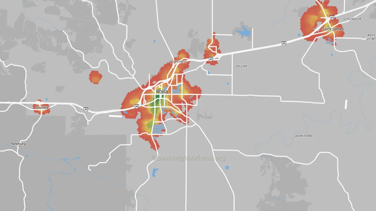 Walk Grade map of Phelps County, MO, walkable areas in green and car-dependent areas in red