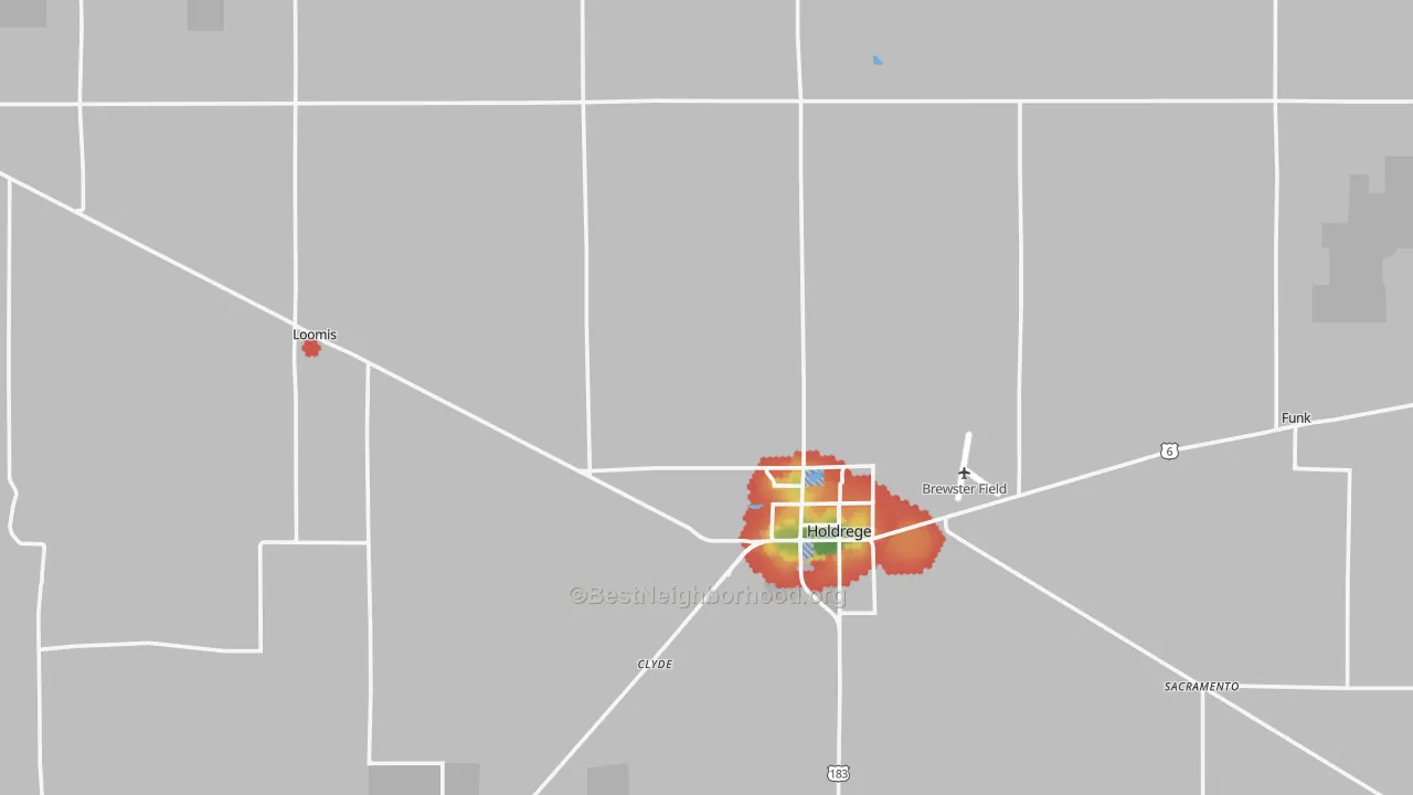 Walk Grade map of Phelps County, NE, walkable areas in green and car-dependent areas in red