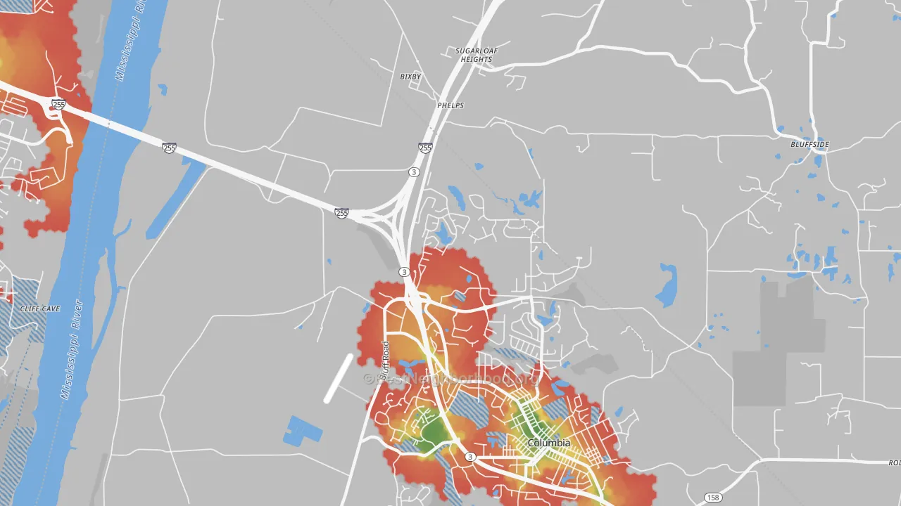 Walk Grade map of Phelps, IL, walkable areas in green and car-dependent areas in red