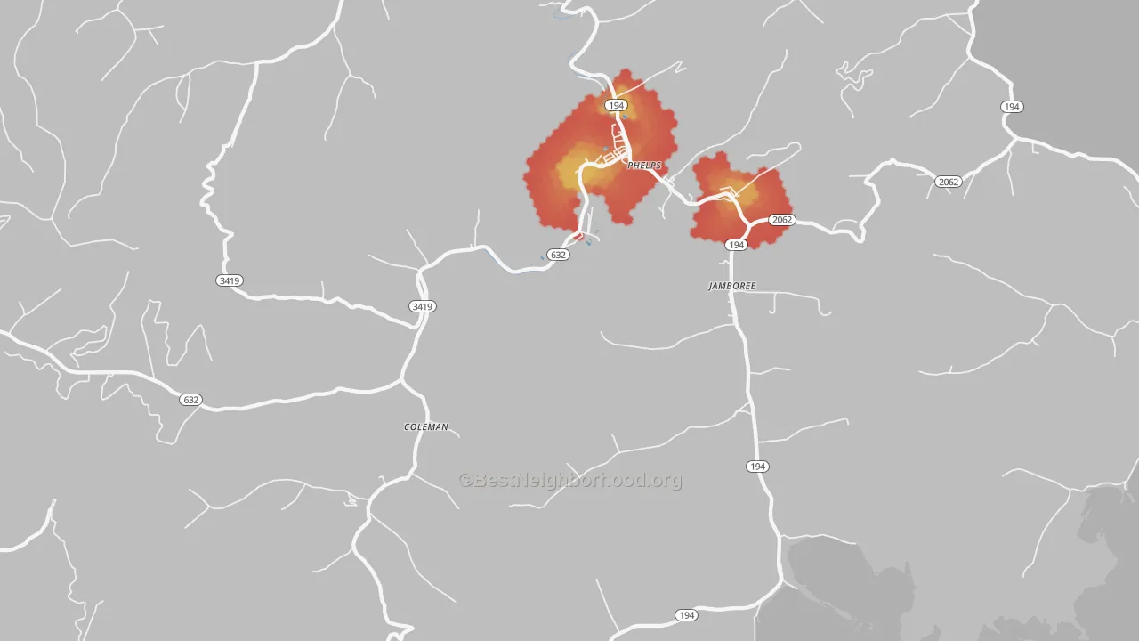 Walk Grade map of Phelps, KY, walkable areas in green and car-dependent areas in red