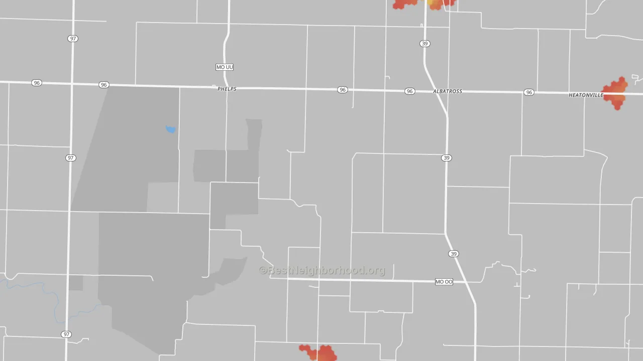 Walk Grade map of Phelps, MO, walkable areas in green and car-dependent areas in red