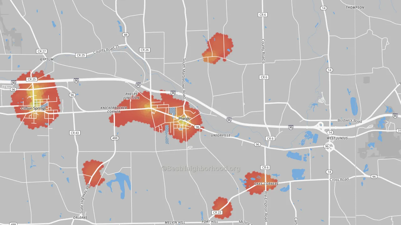 Walk Grade map of Phelps, NY, walkable areas in green and car-dependent areas in red