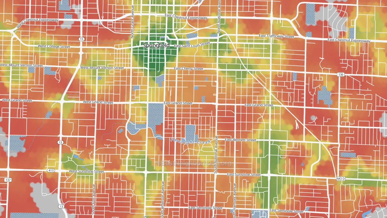 Walk Grade map of Phelps, Springfield, MO, walkable areas in green and car-dependent areas in red
