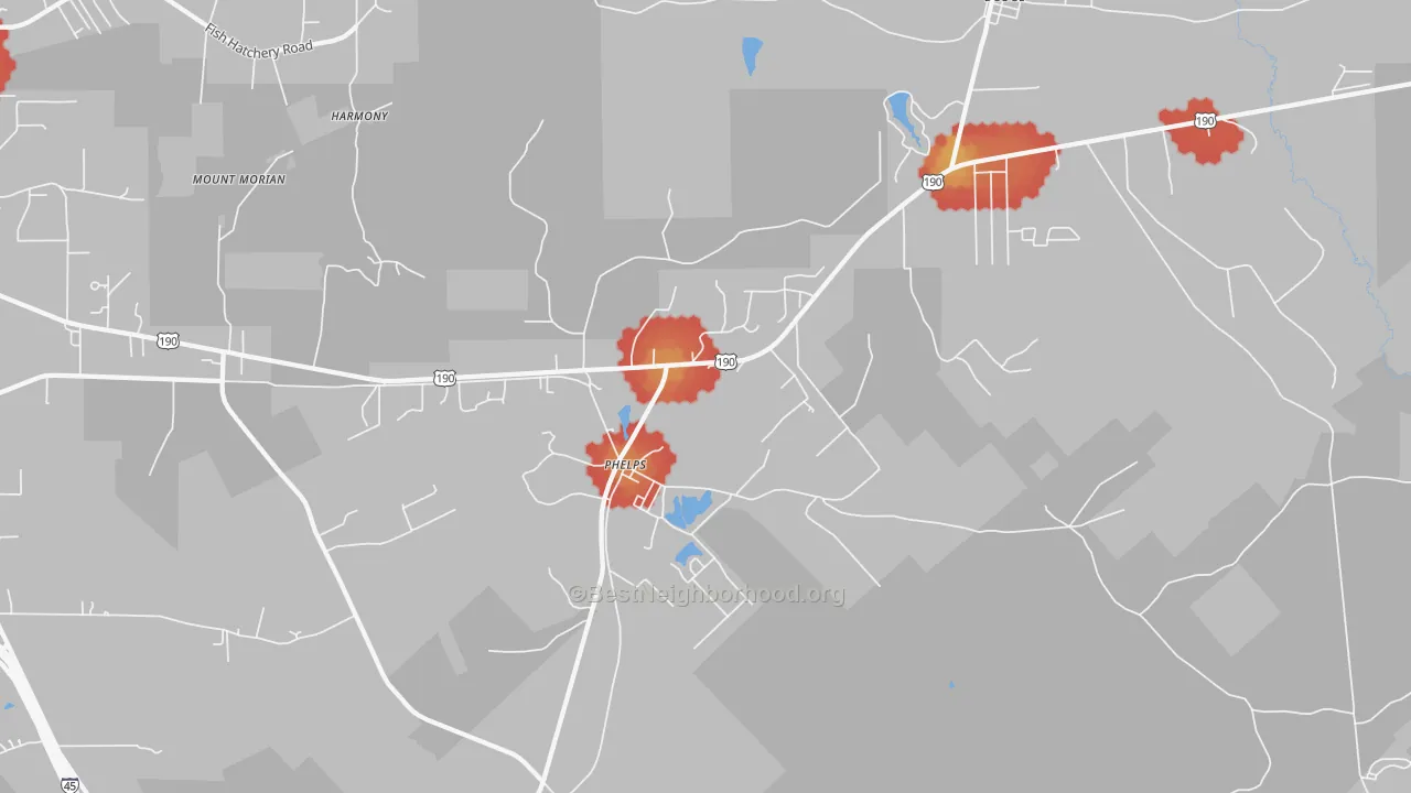 Walk Grade map of Phelps, TX, walkable areas in green and car-dependent areas in red