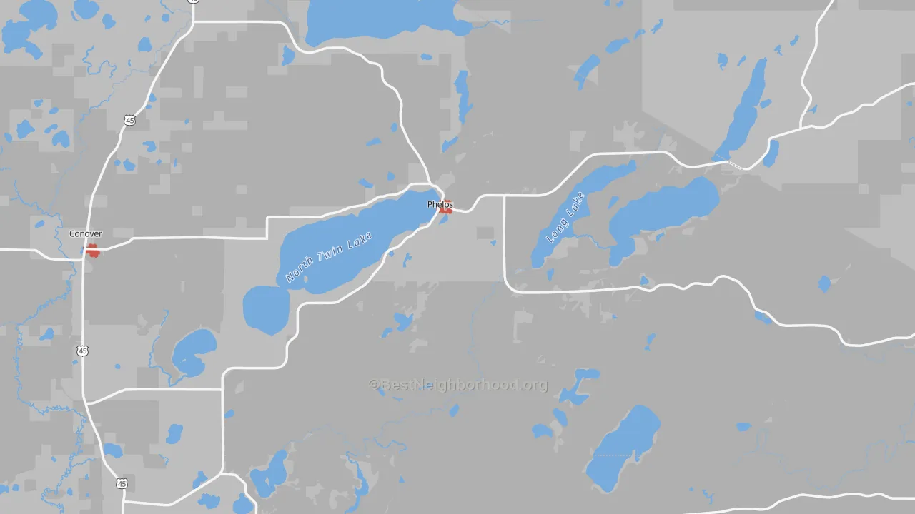 Walk Grade map of Phelps, WI, walkable areas in green and car-dependent areas in red