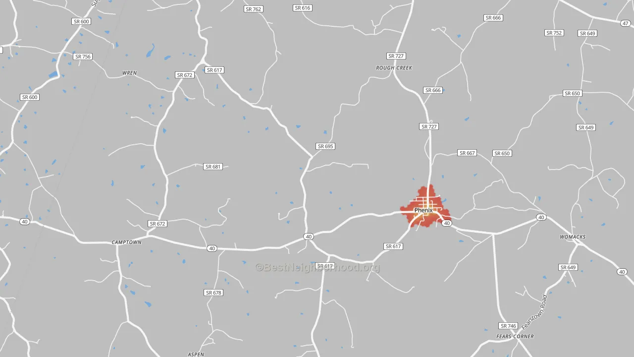 Walk Grade map of Phenix, VA, walkable areas in green and car-dependent areas in red