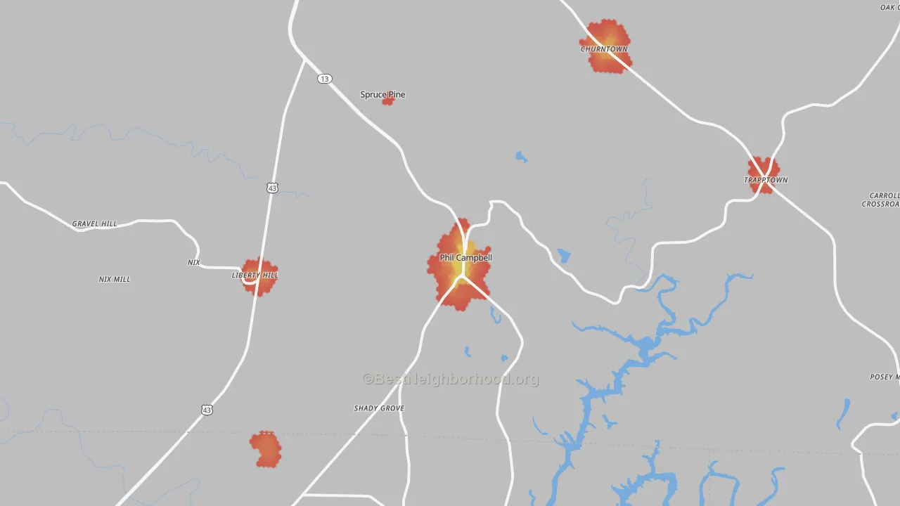 Walk Grade map of Phil Campbell, AL, walkable areas in green and car-dependent areas in red