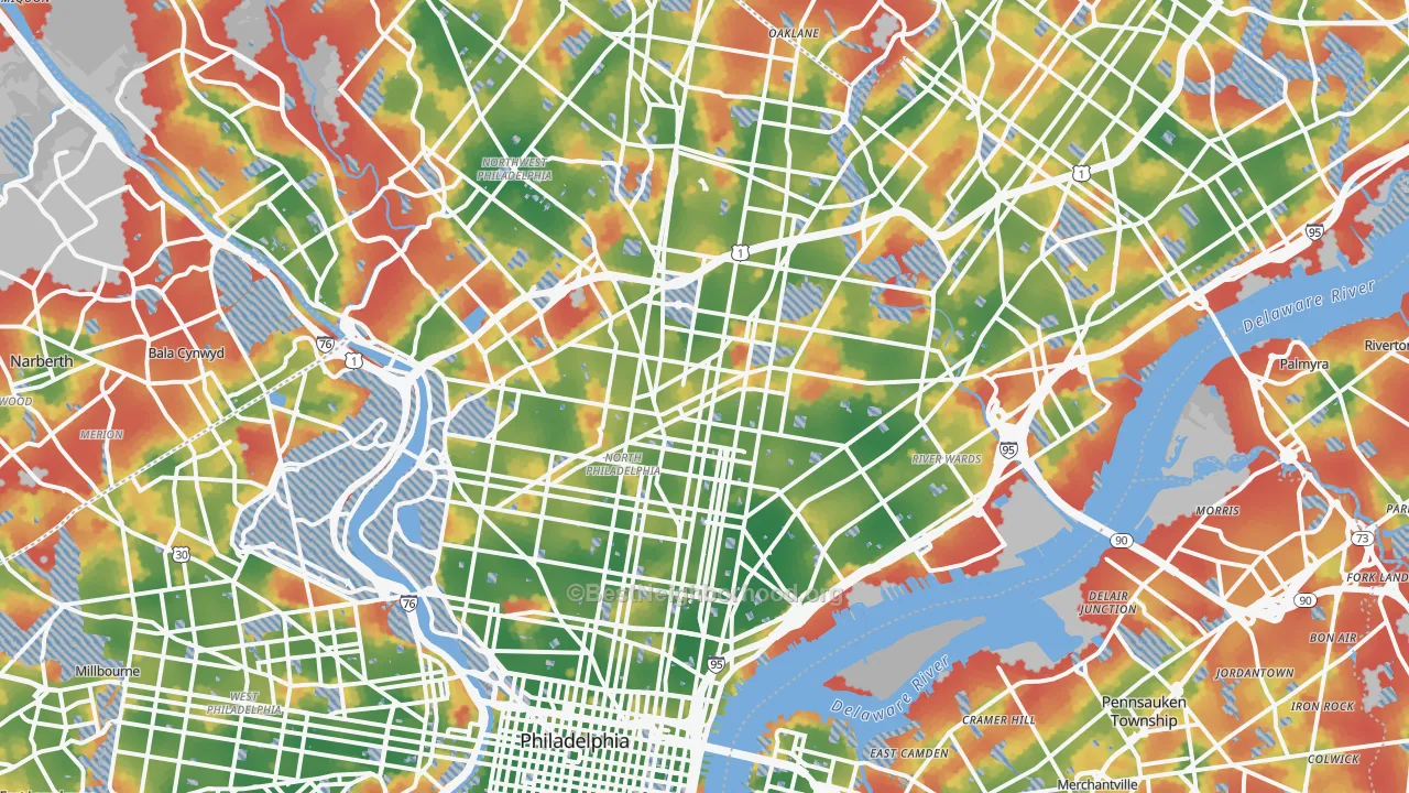 Walk Grade map of Philadelphia County, PA, walkable areas in green and car-dependent areas in red