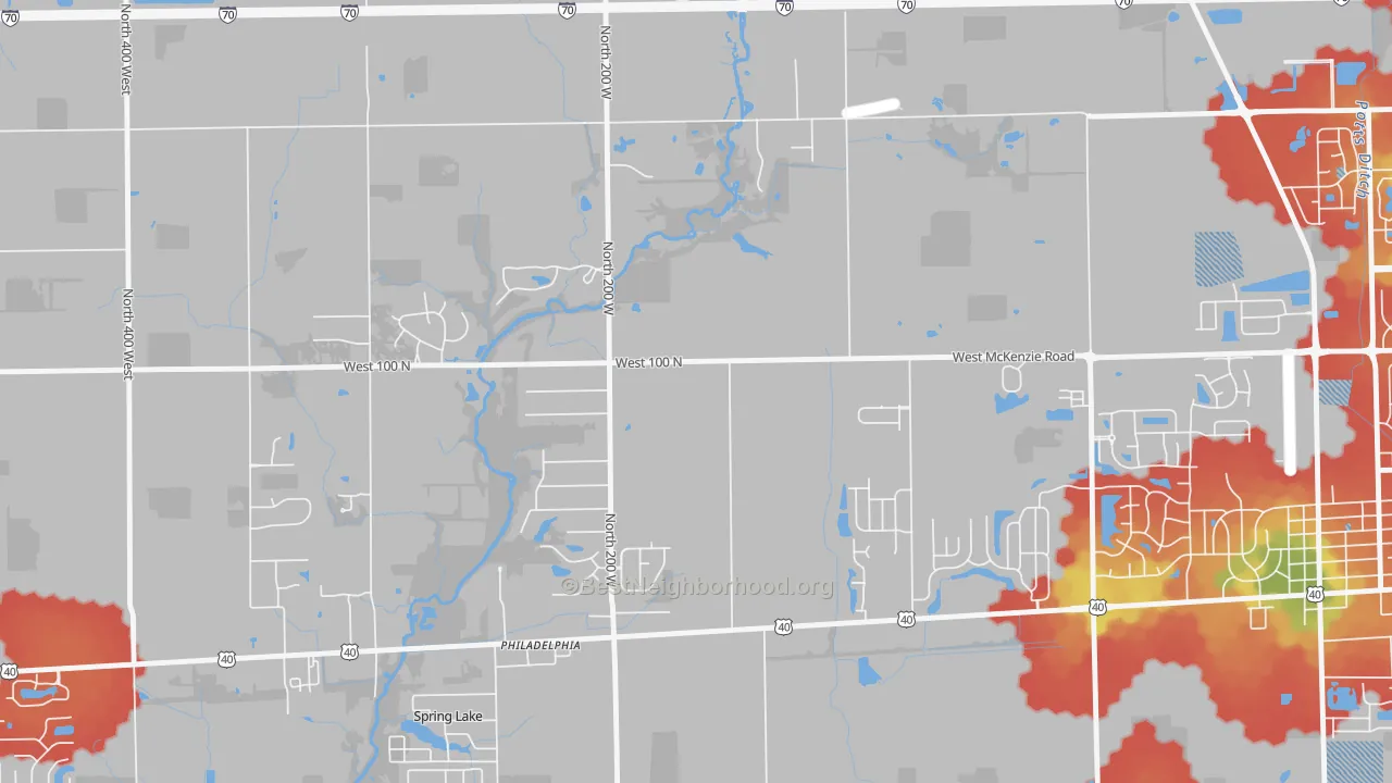 Walk Grade map of Philadelphia, IN, walkable areas in green and car-dependent areas in red