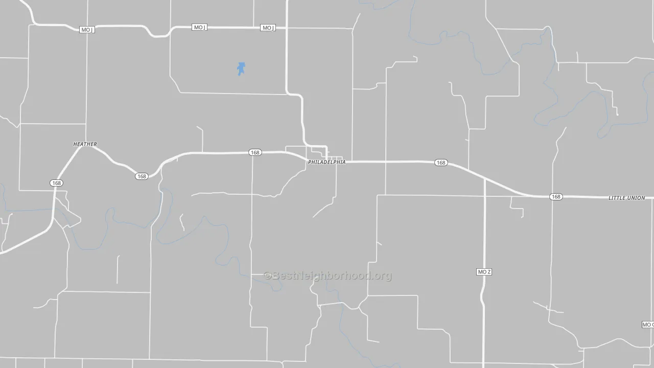 Walk Grade map of Philadelphia, MO, walkable areas in green and car-dependent areas in red