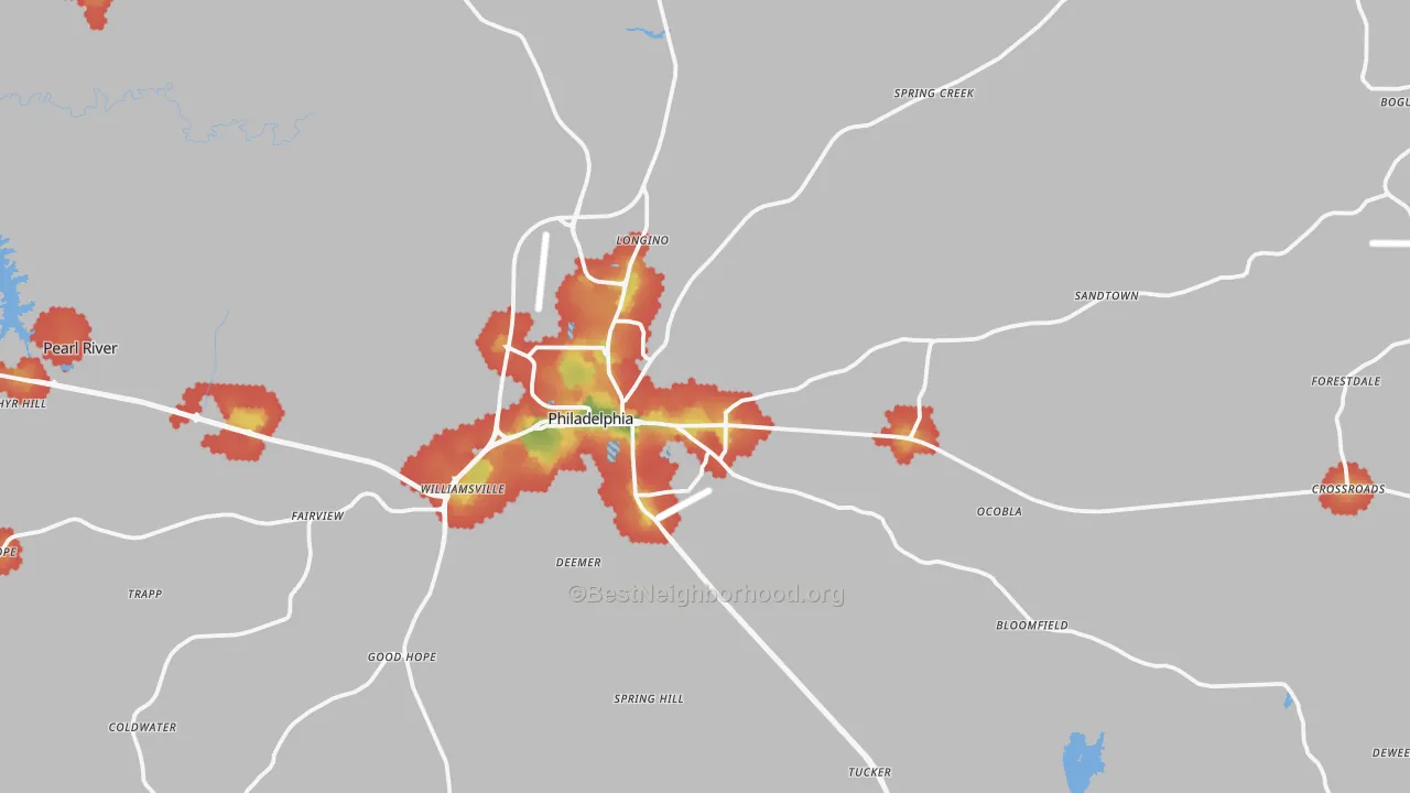 Walk Grade map of Philadelphia, MS, walkable areas in green and car-dependent areas in red