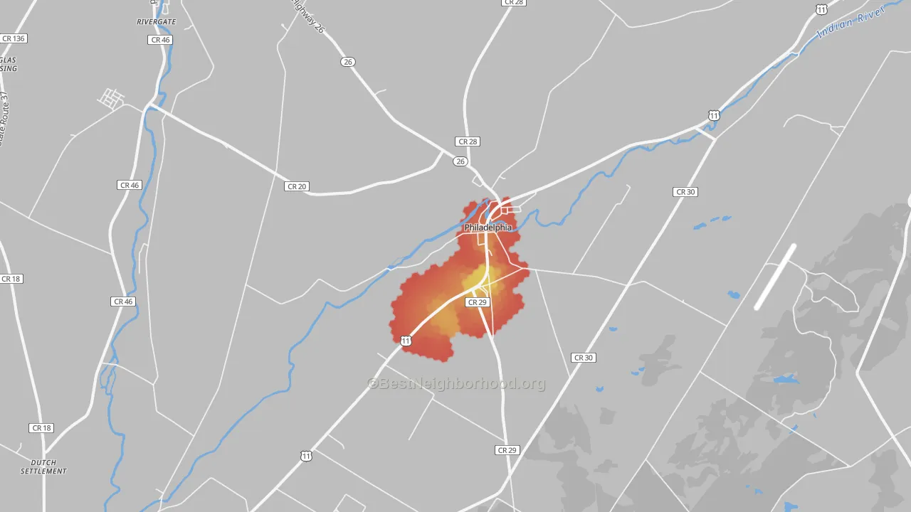 Walk Grade map of Philadelphia, NY, walkable areas in green and car-dependent areas in red