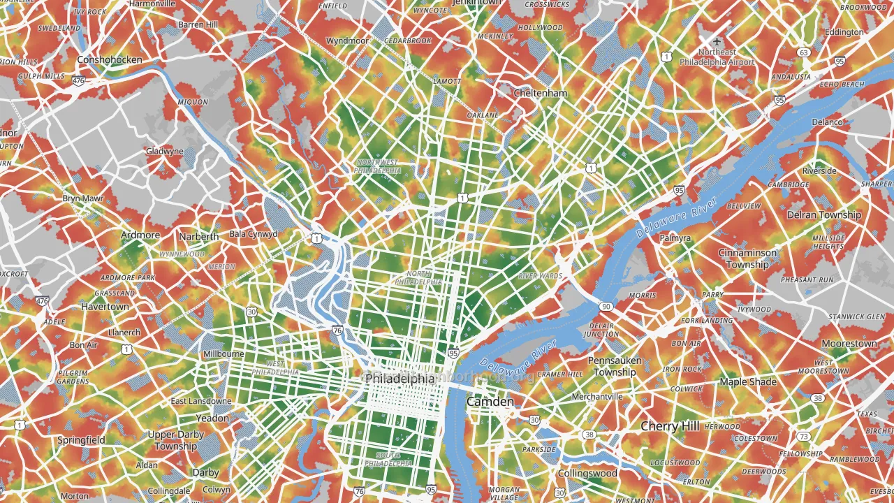 Walk Grade map of Philadelphia, PA, walkable areas in green and car-dependent areas in red