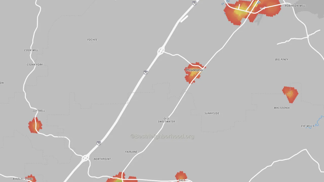 Walk Grade map of Philadelphia, TN, walkable areas in green and car-dependent areas in red