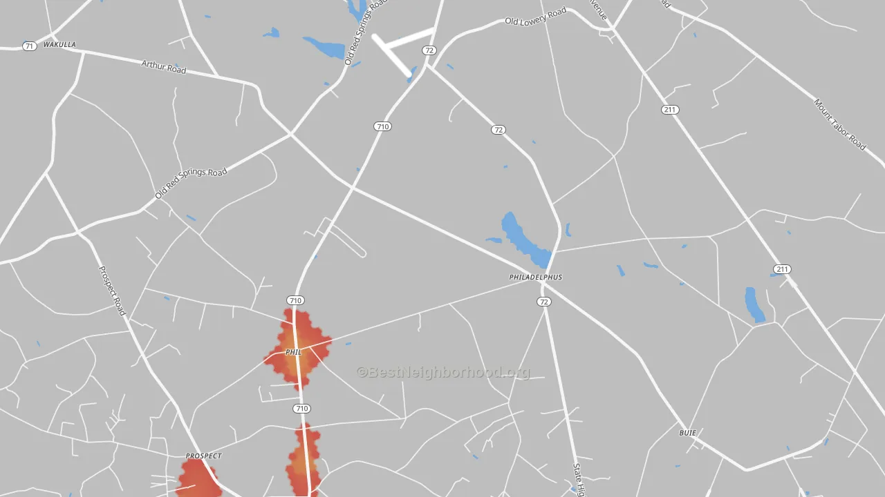Walk Grade map of Philadelphus, NC, walkable areas in green and car-dependent areas in red