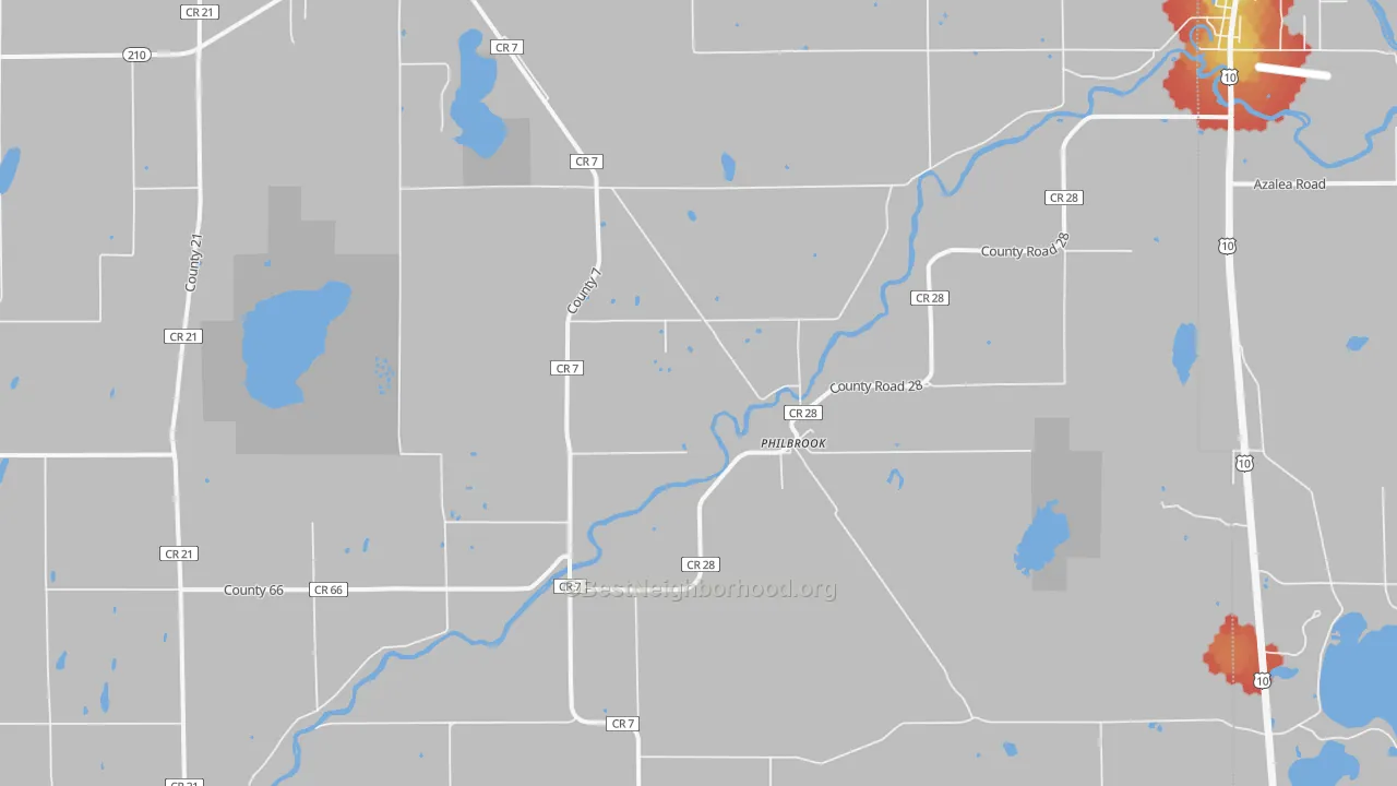 Walk Grade map of Philbrook, MN, walkable areas in green and car-dependent areas in red