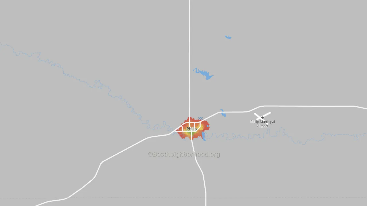 Walk Grade map of Philip, SD, walkable areas in green and car-dependent areas in red