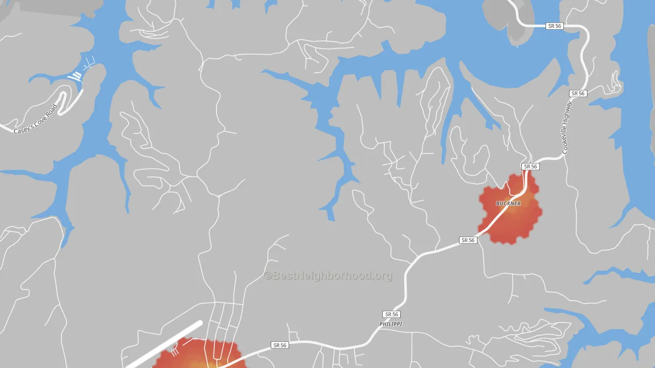 Walk Grade map of Philippi, TN, walkable areas in green and car-dependent areas in red