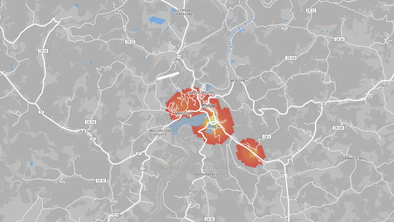 Walk Grade map of Philippi, WV, walkable areas in green and car-dependent areas in red