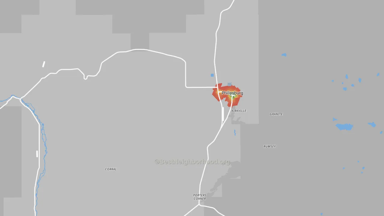 Walk Grade map of Philipsburg, MT, walkable areas in green and car-dependent areas in red