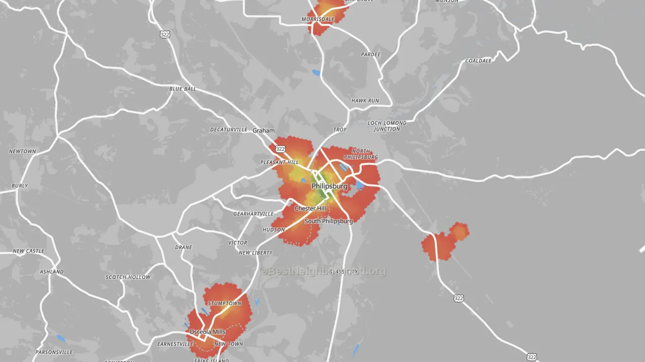 Walk Grade map of Philipsburg, PA, walkable areas in green and car-dependent areas in red
