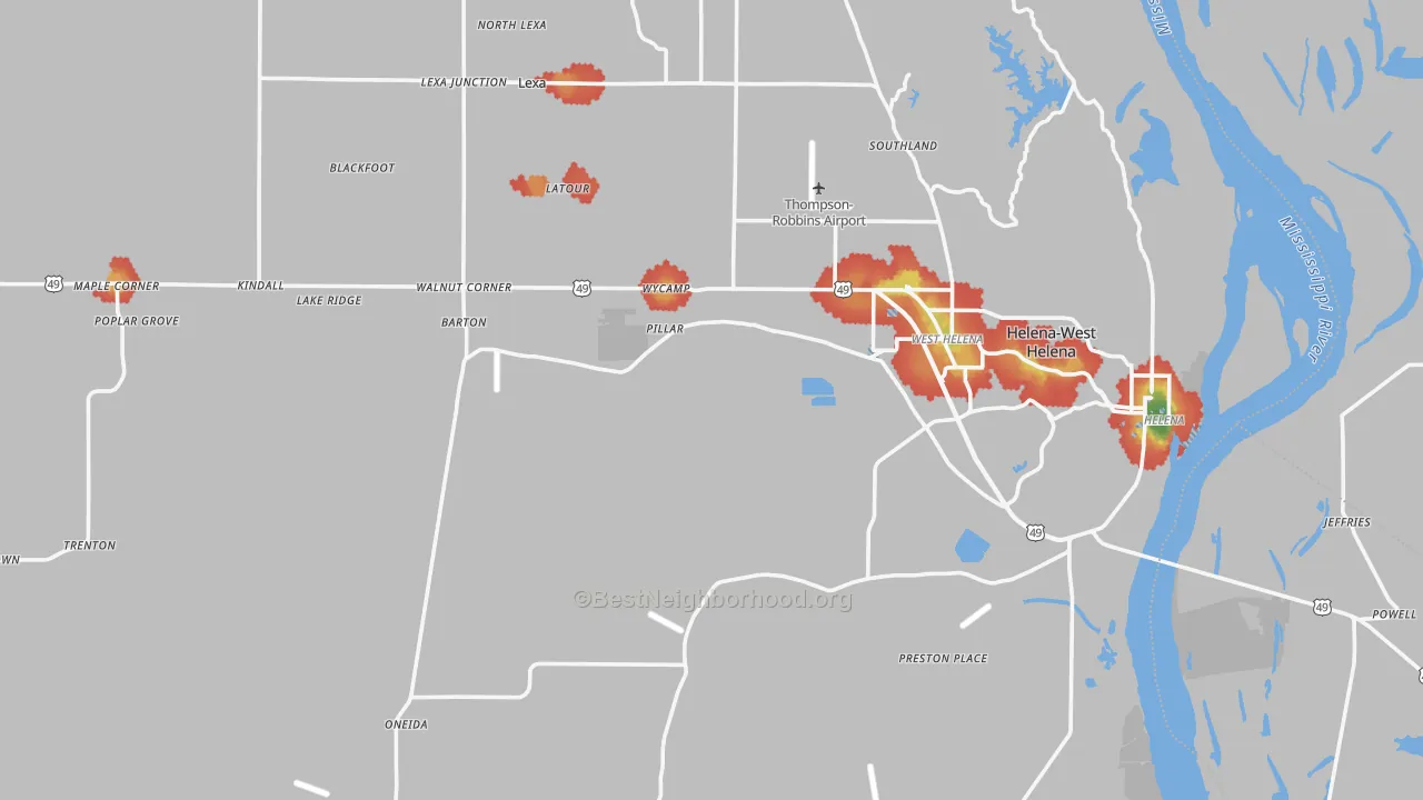 Walk Grade map of Phillips County, AR, walkable areas in green and car-dependent areas in red