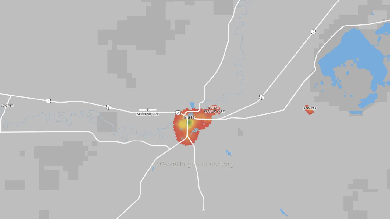 Walk Grade map of Phillips County, MT, walkable areas in green and car-dependent areas in red