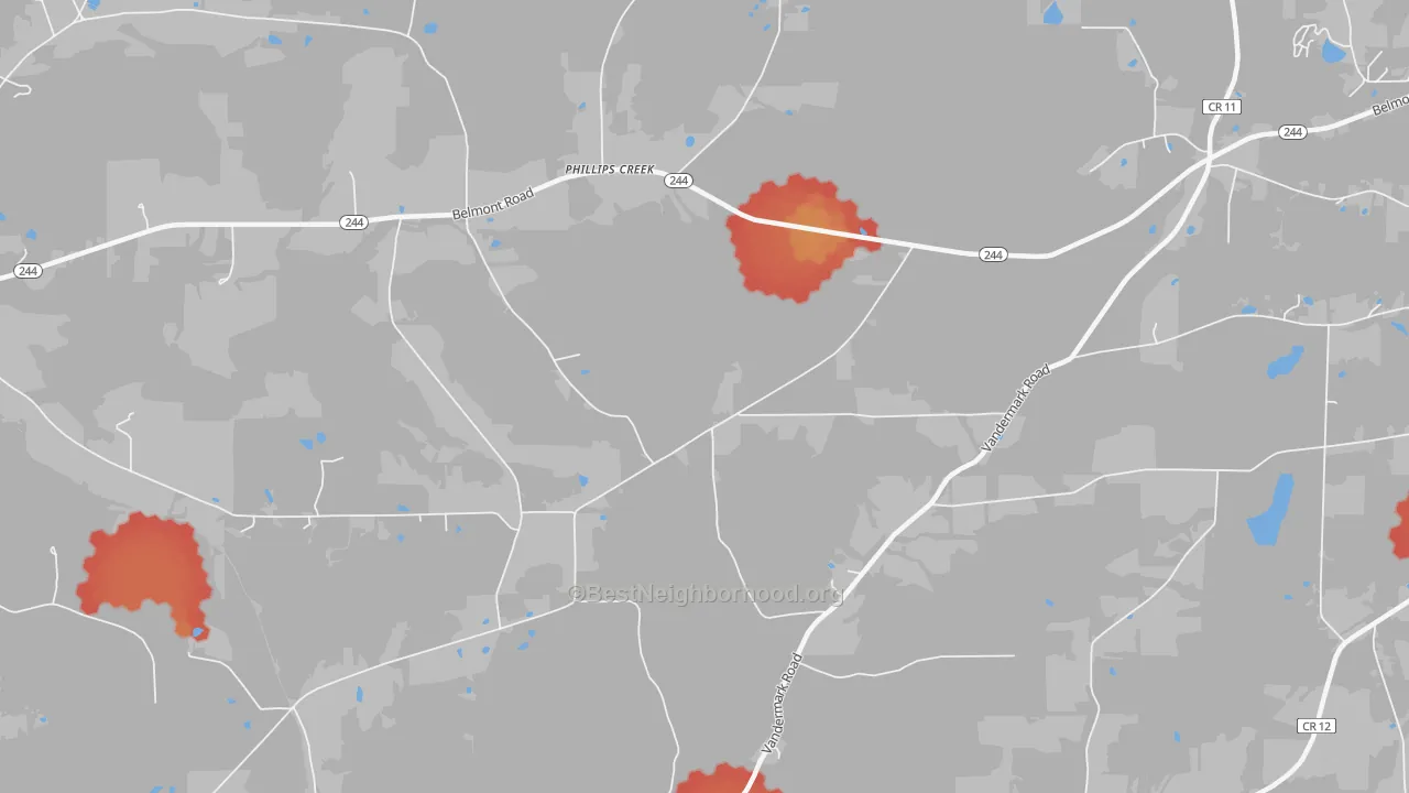 Walk Grade map of Phillips Creek, NY, walkable areas in green and car-dependent areas in red