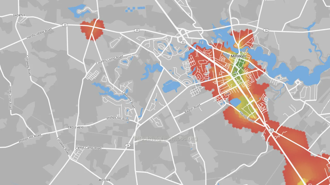 Walk Grade map of Phillips Hill, DE, walkable areas in green and car-dependent areas in red