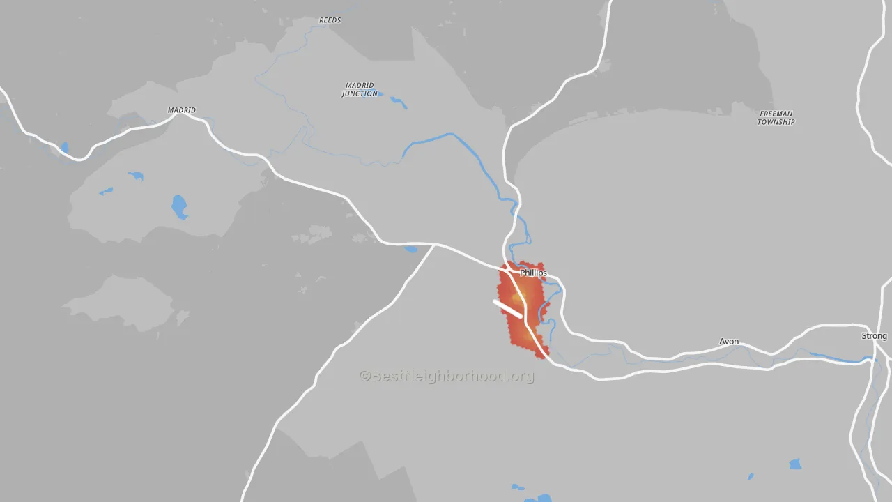 Walk Grade map of Phillips, ME, walkable areas in green and car-dependent areas in red
