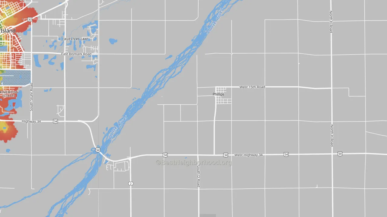 Walk Grade map of Phillips, NE, walkable areas in green and car-dependent areas in red