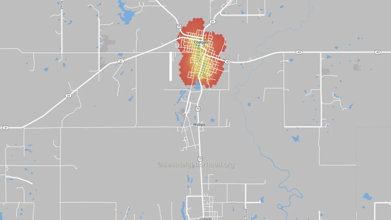 Walk Grade map of Phillips, OK, walkable areas in green and car-dependent areas in red