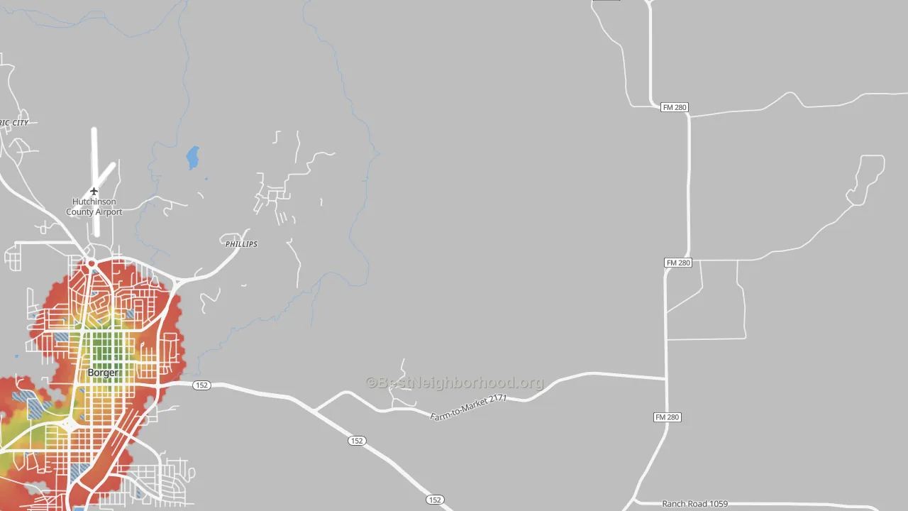 Walk Grade map of Phillips, TX, walkable areas in green and car-dependent areas in red