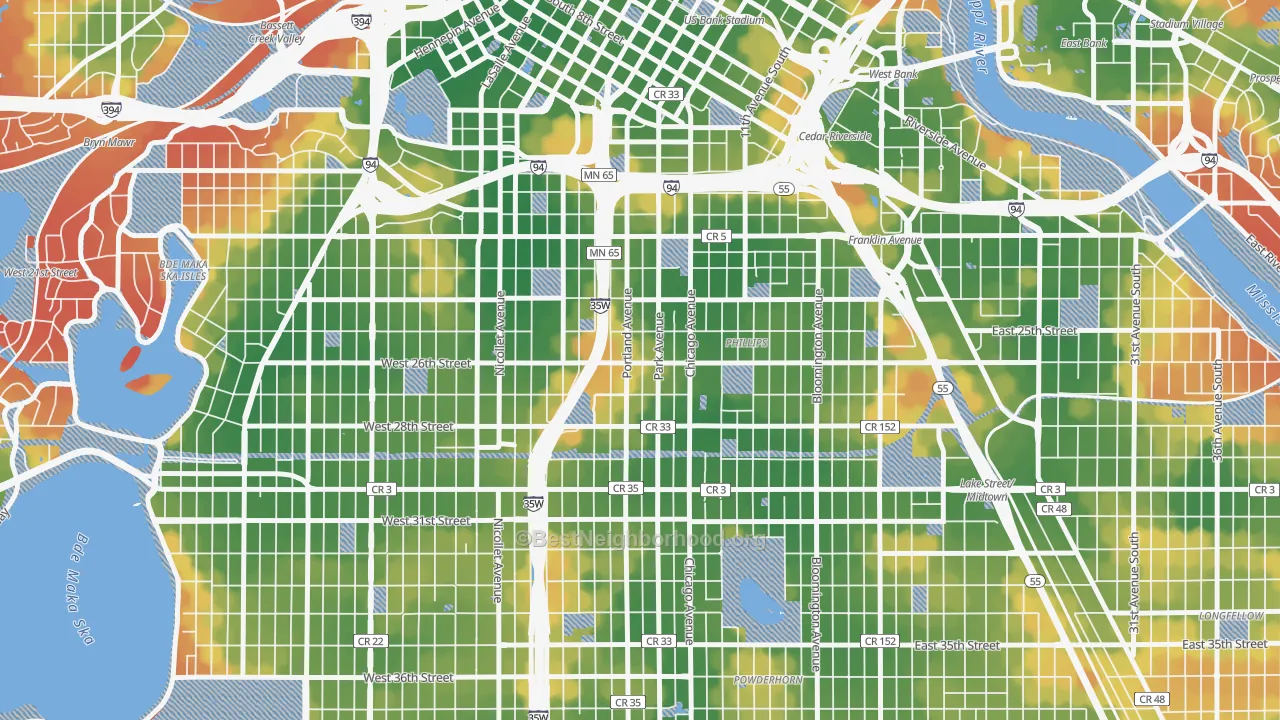 Walk Grade map of Phillips West, Minneapolis, MN, walkable areas in green and car-dependent areas in red