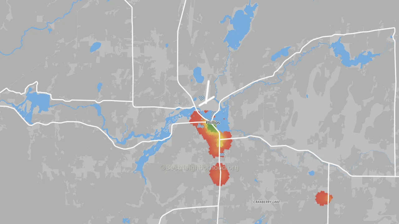 Walk Grade map of Phillips, WI, walkable areas in green and car-dependent areas in red