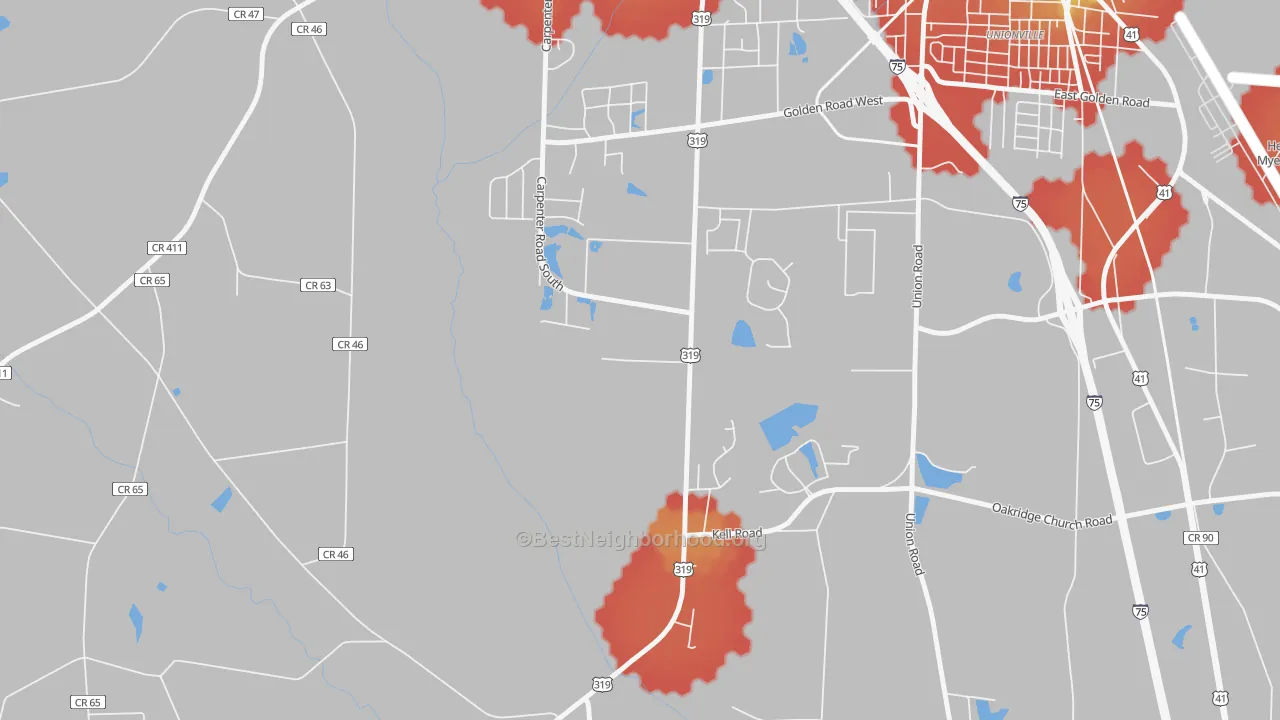 Walk Grade map of Phillipsburg, GA, walkable areas in green and car-dependent areas in red