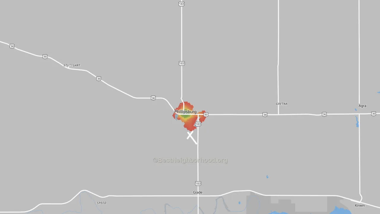 Walk Grade map of Phillipsburg, KS, walkable areas in green and car-dependent areas in red