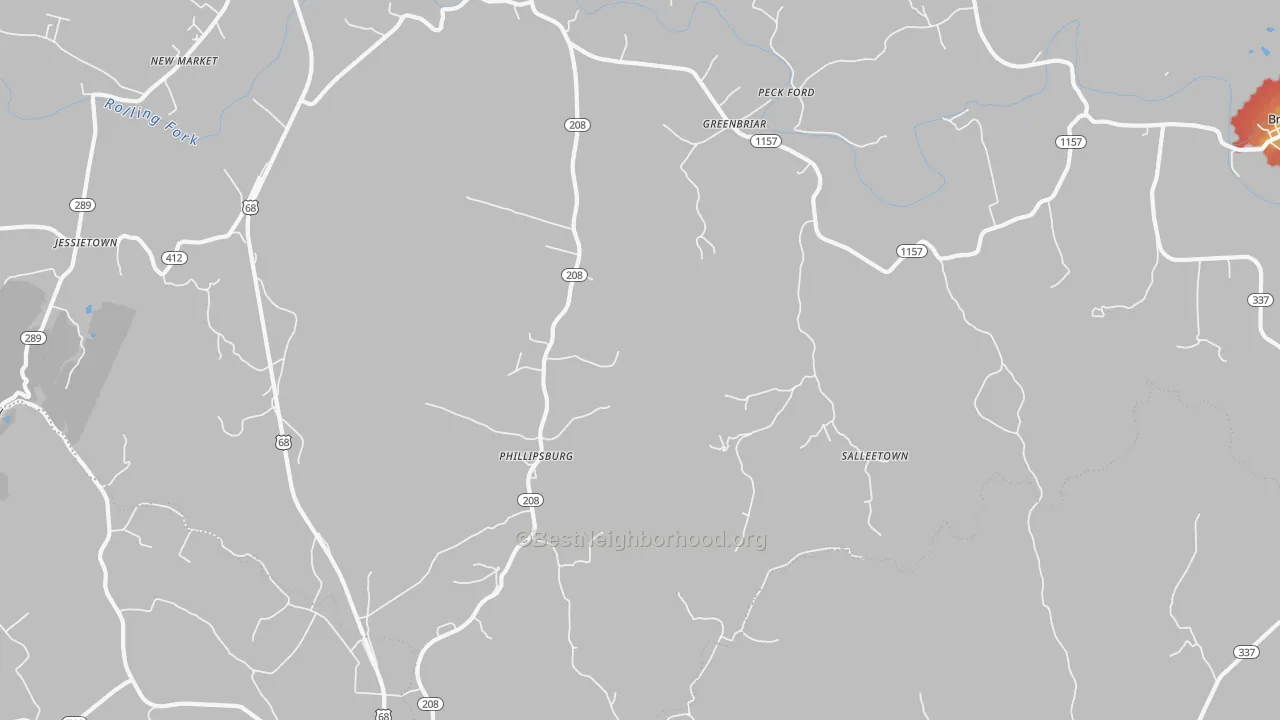Walk Grade map of Phillipsburg, KY, walkable areas in green and car-dependent areas in red