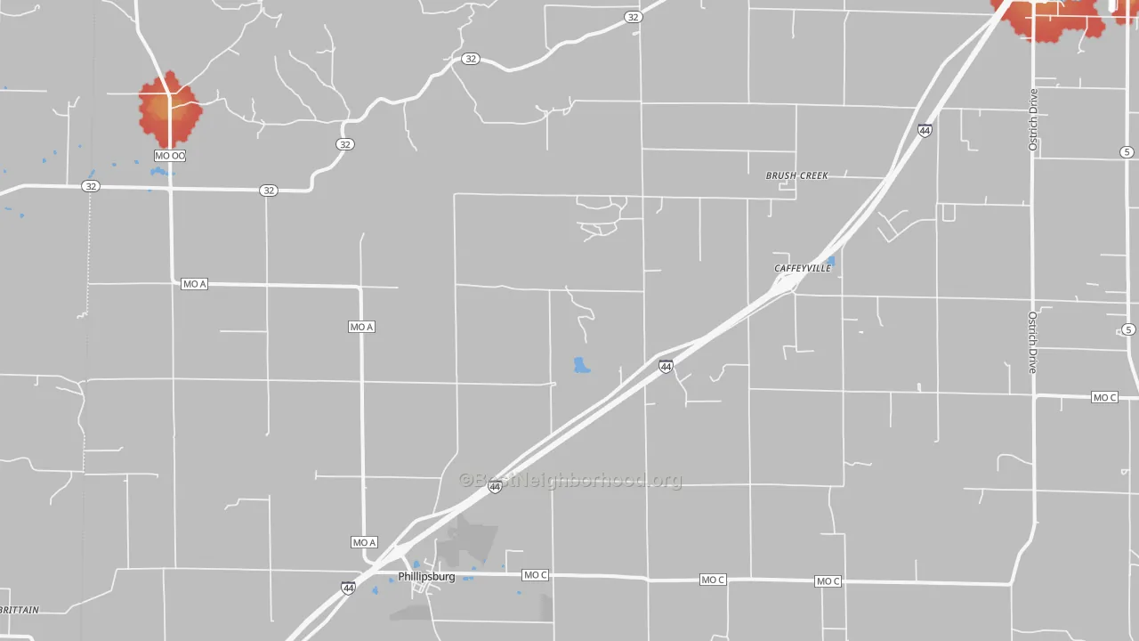 Walk Grade map of Phillipsburg, MO, walkable areas in green and car-dependent areas in red